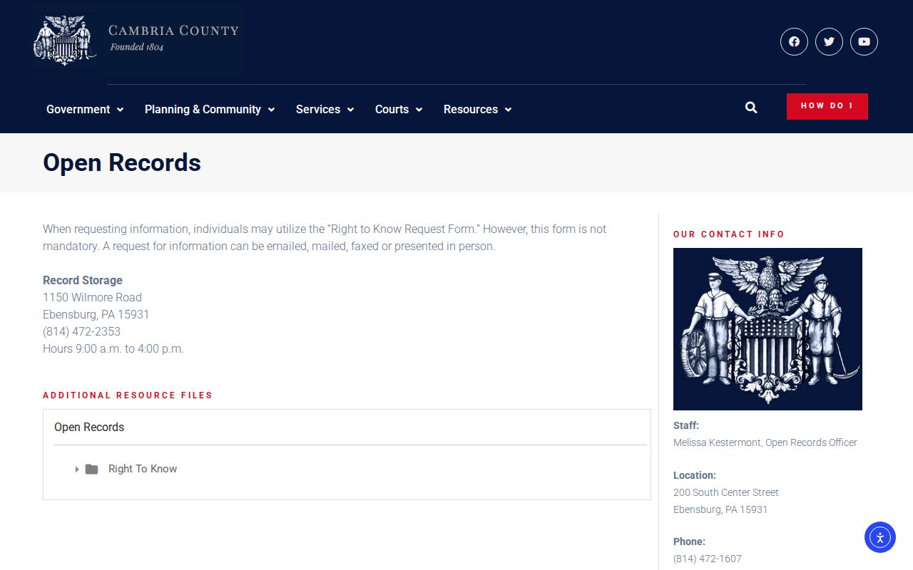 Cambria County booking record request source page