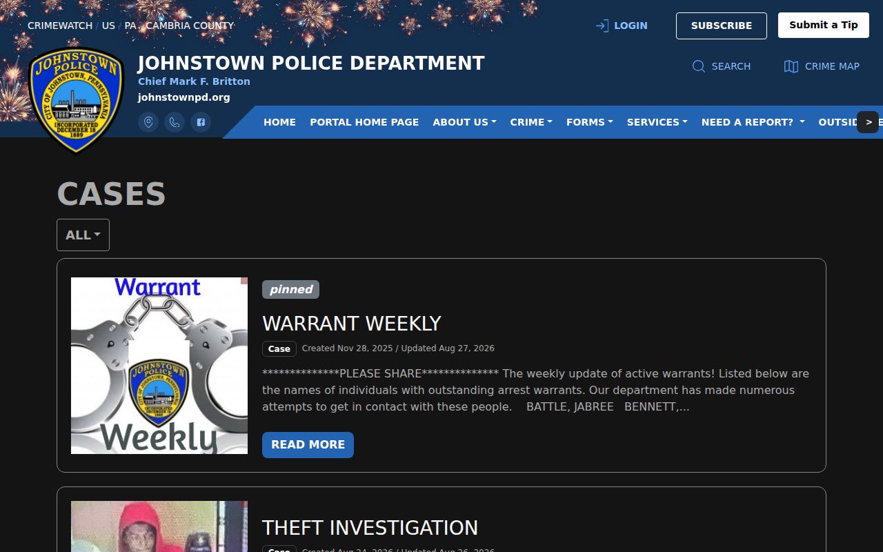 Johnstown Police Warrant Weekly official Cambria source
