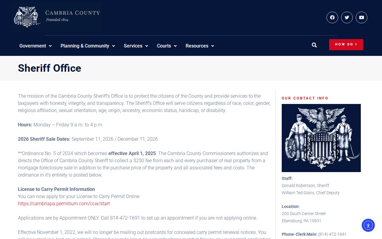 Cambria County Sheriff warrant contact source page